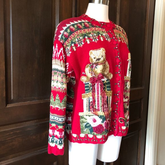 Vintage Tiara Petites Size PM Red Cardigan Sweater 2000 Teddy Bear Fair Isle - Picture 4 of 13